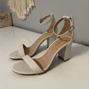 Women White Open Toe Ankle Strap Chunky Heels